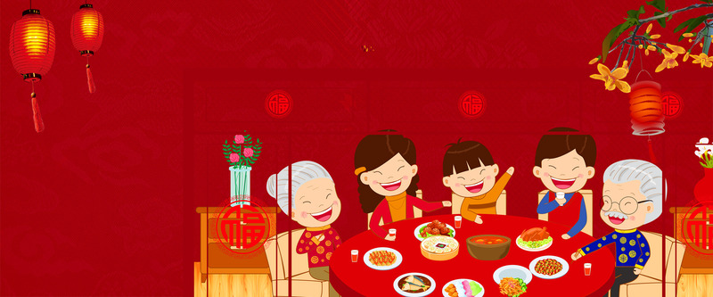 春节童趣卡通海报，红色背景高清JPG/手绘PSD设计素材下载