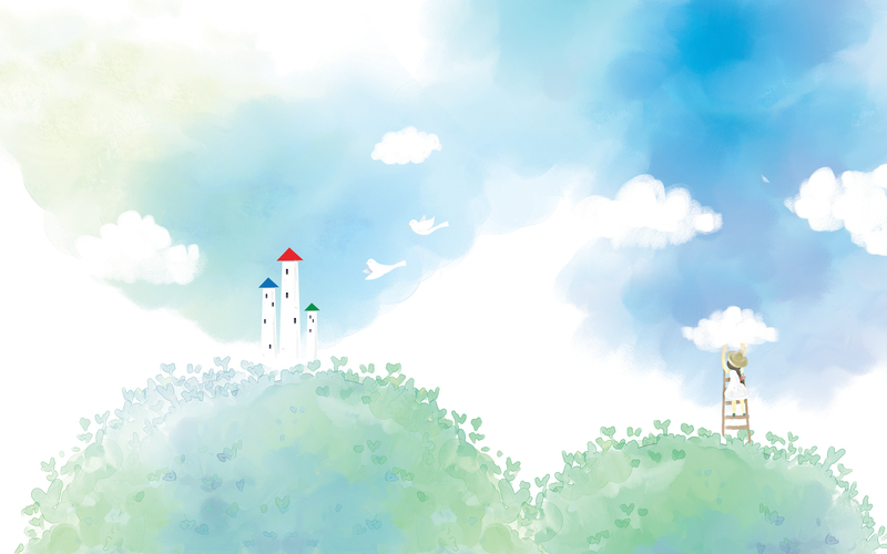 蓝色手绘城堡背景，卡通手绘JPG/PSD素材高清下载
