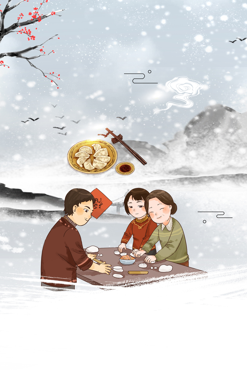 手绘包饺子家庭温馨场景，高清JPG与PSD设计素材下载