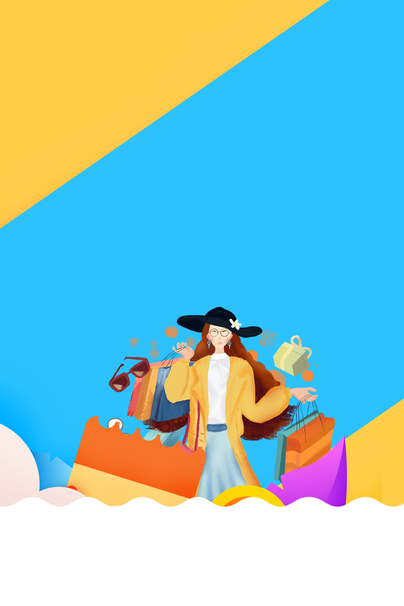 手绘购物人物背景图，高清JPG/PSD素材，卡通风格，轻松下载