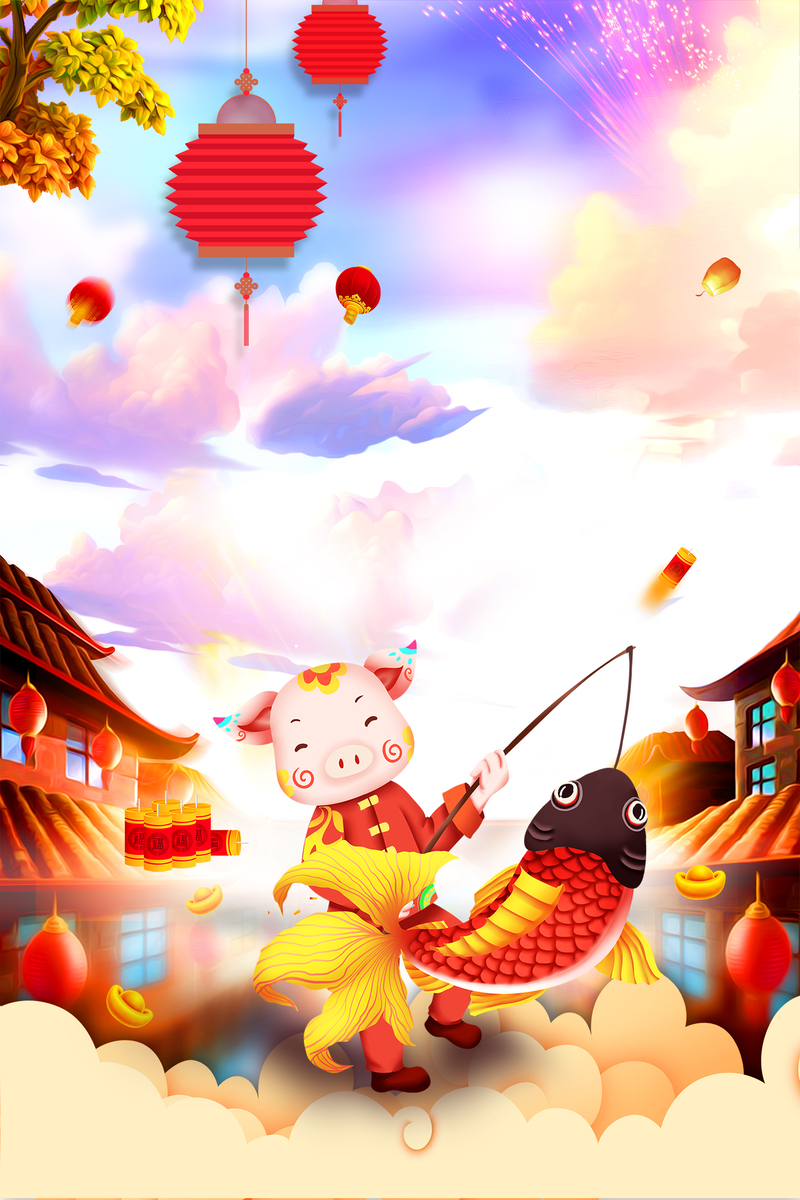2019新年海报背景图，卡通手绘高清JPG/PSD设计素材免费下载