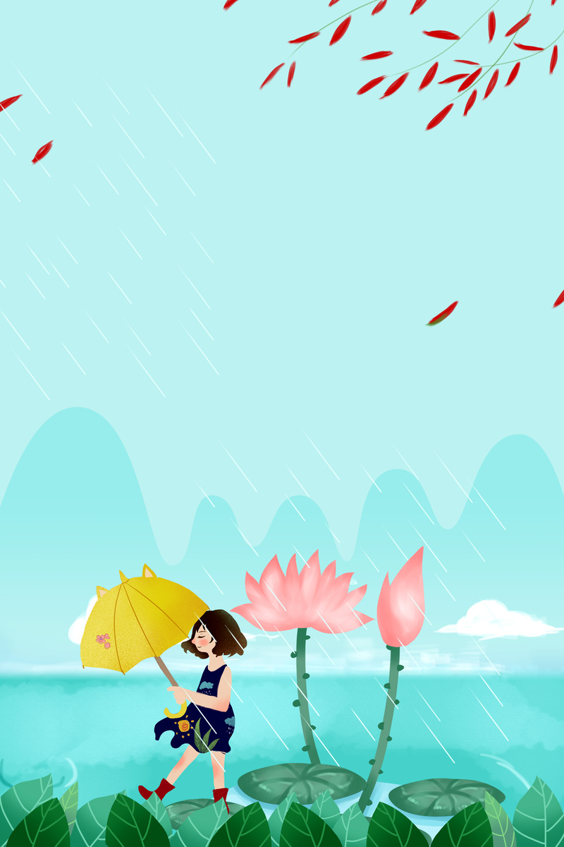 雨中小姑娘漫步美图，高清JPG卡通手绘PSD素材下载
