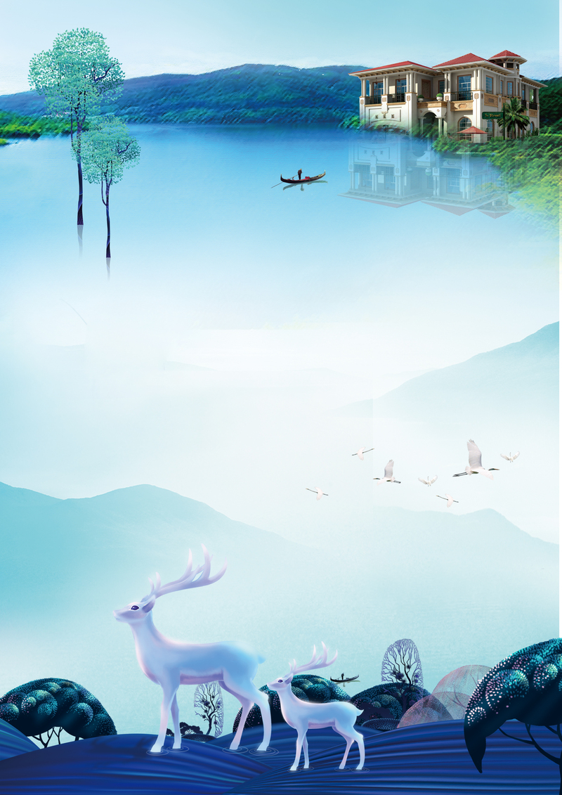 房地产宣传海报，蓝色手绘意境山水，卡通PSD素材高清下载