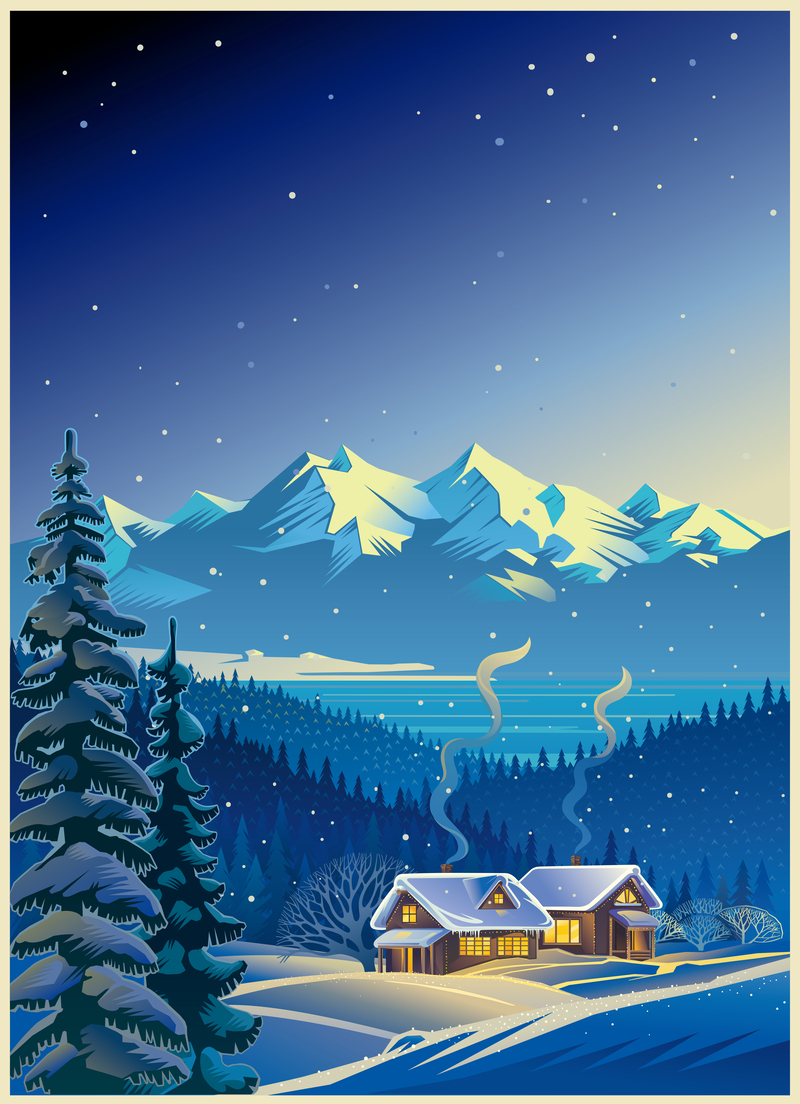 冬雪手绘卡通插画，唯美清新背景素材，高清JPG/AI格式下载