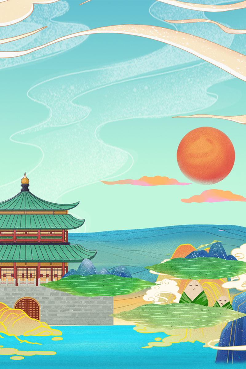 端午节粽子素材，祥云太阳阁楼卡通手绘JPG/PSD高清下载