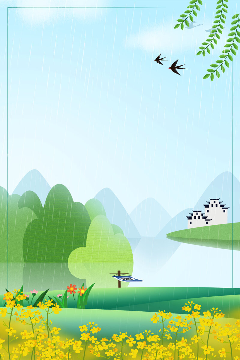 小清新春日油菜花插画，手绘卡通风景，高清JPG/PSD设计素材下载