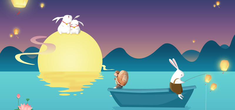 中秋特惠，卡通手绘夜景Banner，高清JPG/PSD素材下载