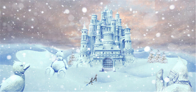 梦幻雪景迪士尼城堡背景，高清JPG卡通手绘素材下载