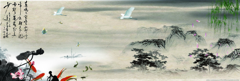 山水画鲤鱼柳树仙鹤诗词背景，高清JPG与PSD设计素材下载