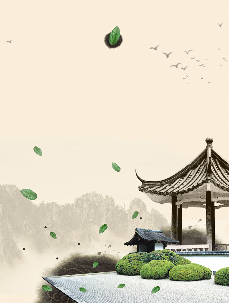 水墨中式凉亭茶叶海报背景，高清JPG/PSD素材，下载即用