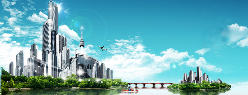 城市壮丽建筑风光，蓝天白云背景高清JPG/PSD设计素材下载