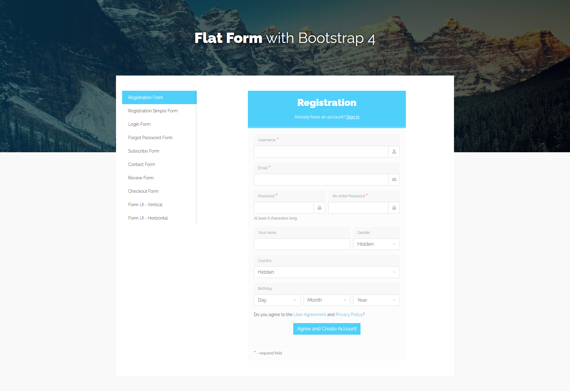 实用的Bootstrap4带侧边栏的表单网页模板