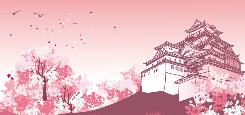 日本建筑水墨画，大雁樱花背景，高清JPG/PSD质感纹理素材下载