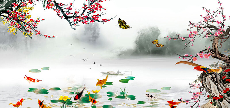 梅花九鱼春喜中国风背景，高清JPG质感纹理图片，设计素材免费下载