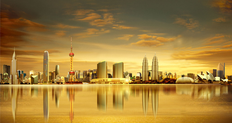 金色建筑群海报背景，高清JPG+PSD质感纹理素材下载