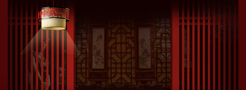 中国风绘画庭院图片，红色背景高清JPG，质感纹理PSD素材下载