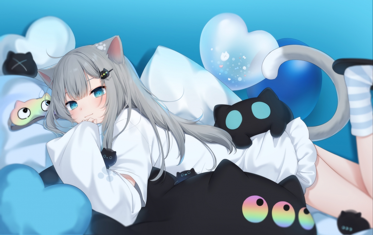 猫羽雫4K动漫壁纸，蓝色眼眸猫耳女孩，尾巴摇曳，爱心满满，高清大图下载