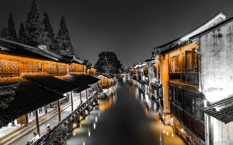江南古建筑夜景摄影，高清JPG素材，风景图片设计下载
