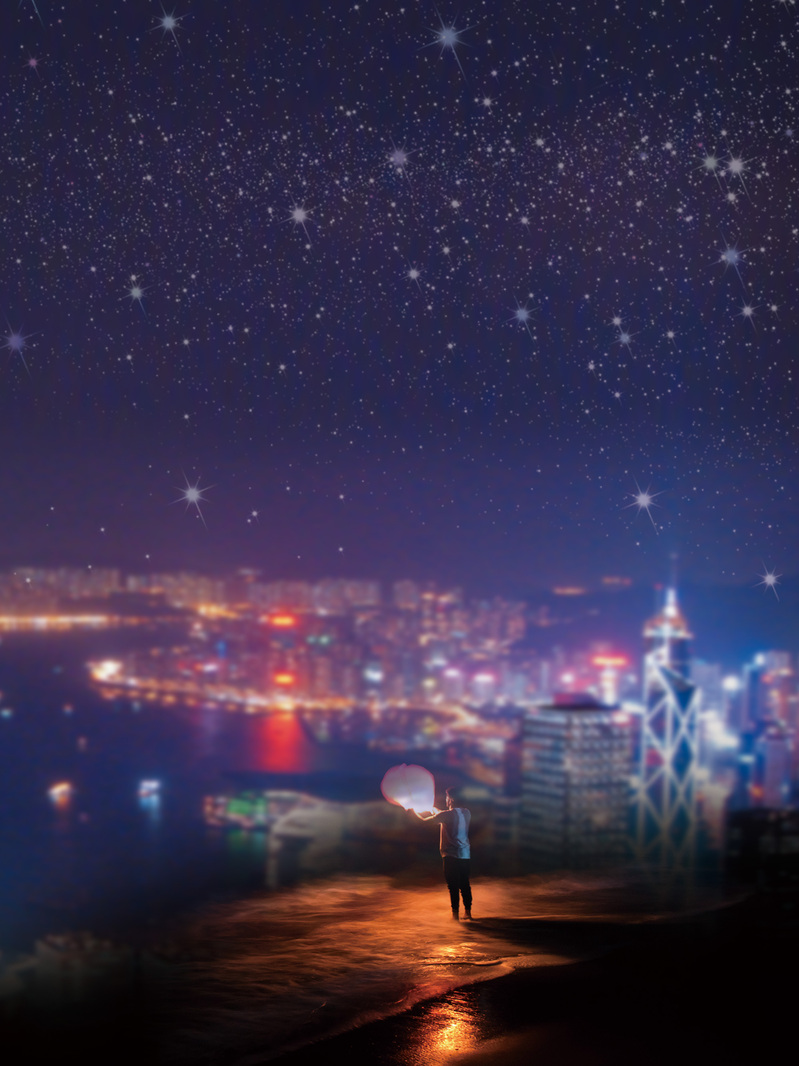 唯美城市夜景孔明灯祈福海报PSD/JPG高清素材，免费下载设计背景