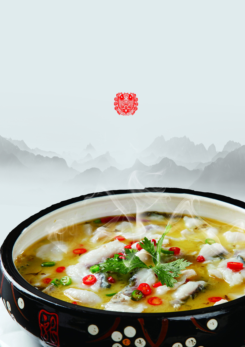 中国风酸菜鱼美食海报模板，高清JPG图片+风景PSD设计素材下载