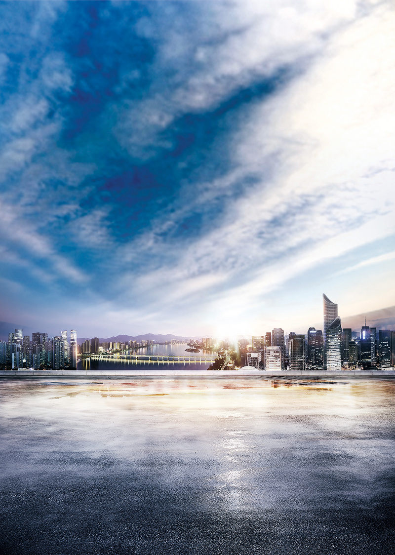 蓝天大气商务城市风光背景，高清JPG/PSD建筑路面素材下载