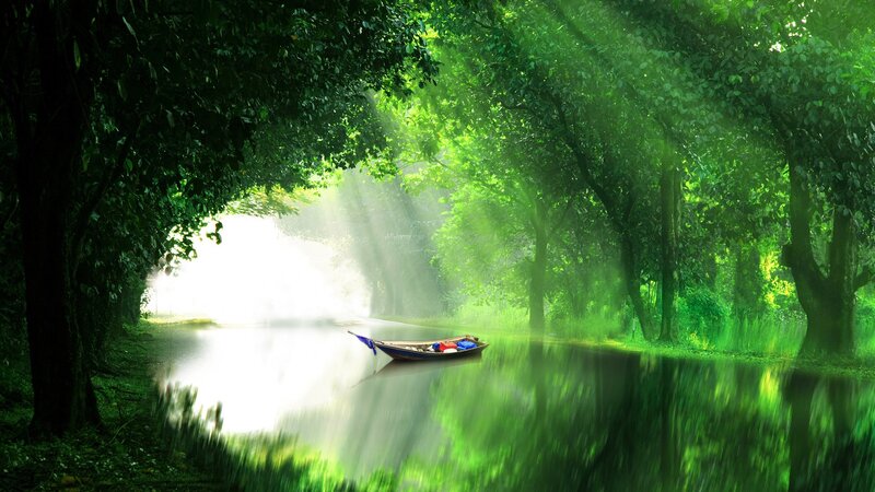 朦胧光影下的湖面小船与树林美景，高清JPG摄影图片/风景设计素材下载