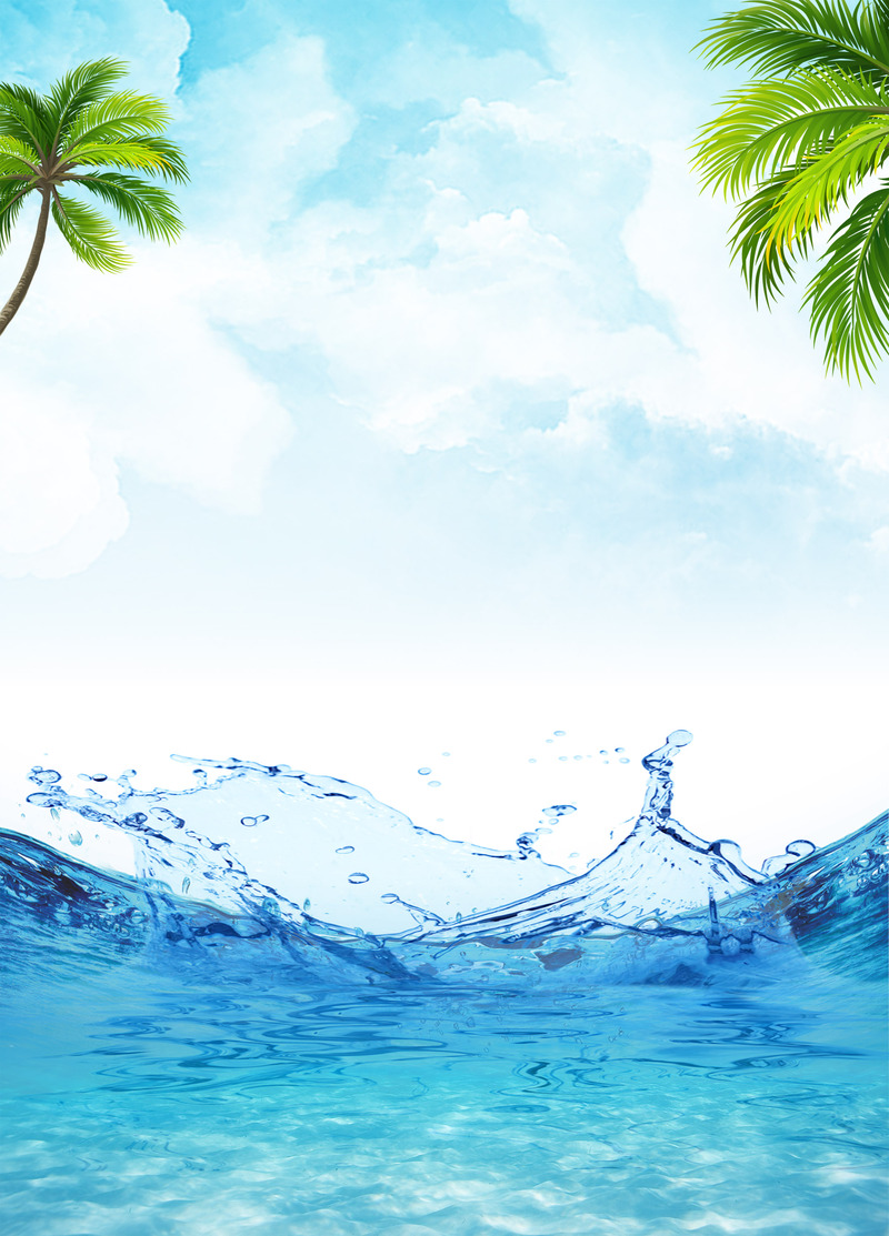 夏日海滩风光，蓝天白云椰影，高清JPG/PSD设计素材下载