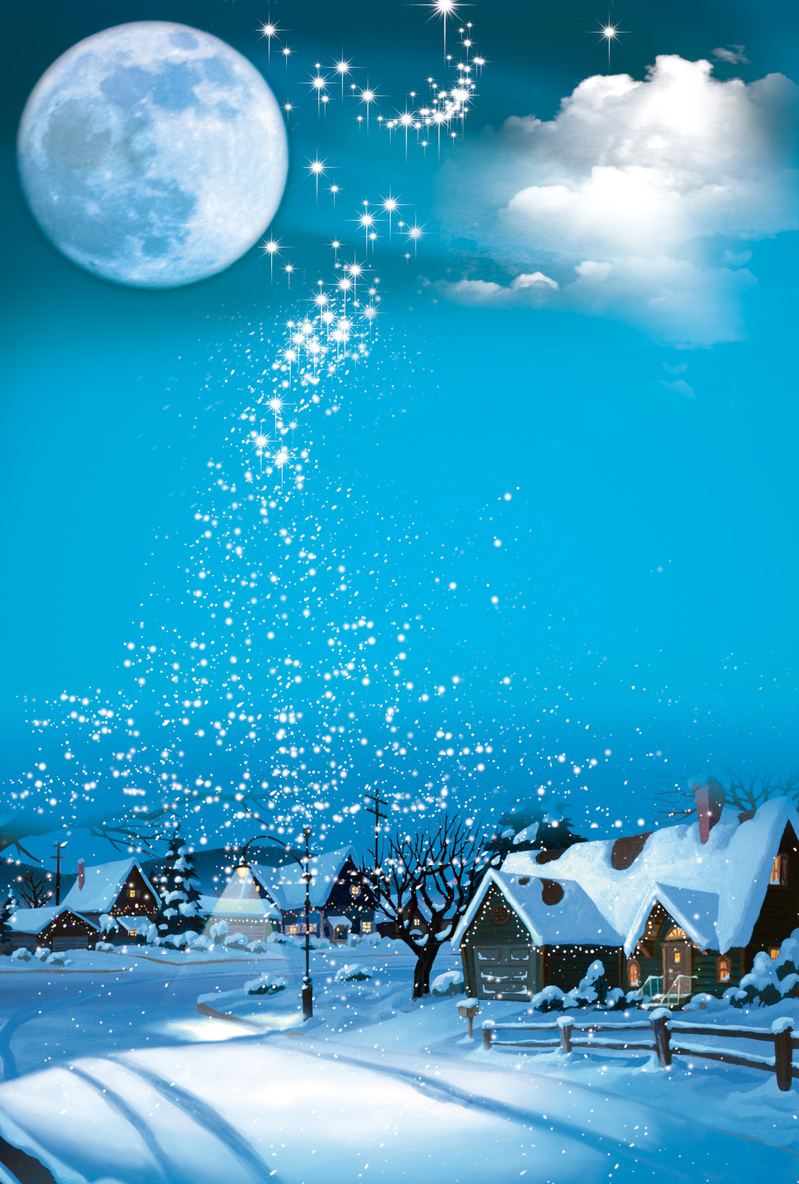 蓝色夜空圆月雪景村庄背景图片，高清JPG/PSD设计素材下载