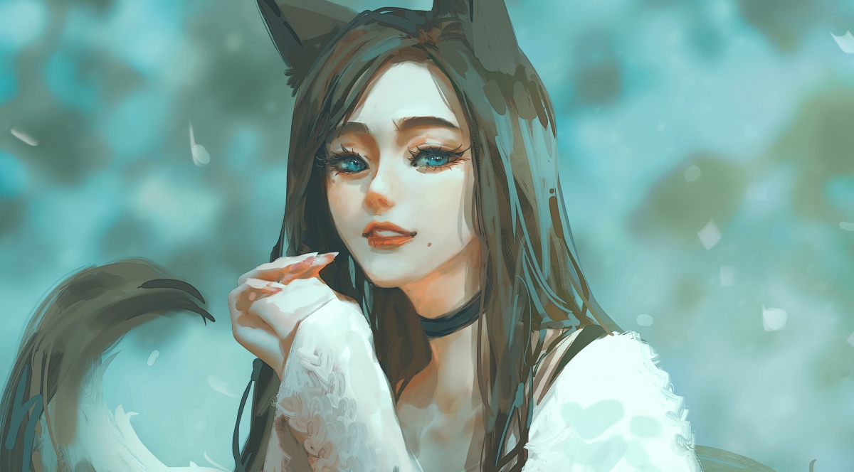 女孩兽耳狐狸尾巴厚涂艺术，4K超清动漫壁纸，高清4000x2213原图下载