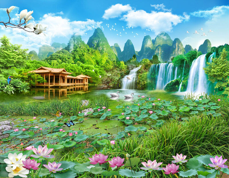 瀑布风景电视墙背景素材，高清JPG/PSD格式，免费下载