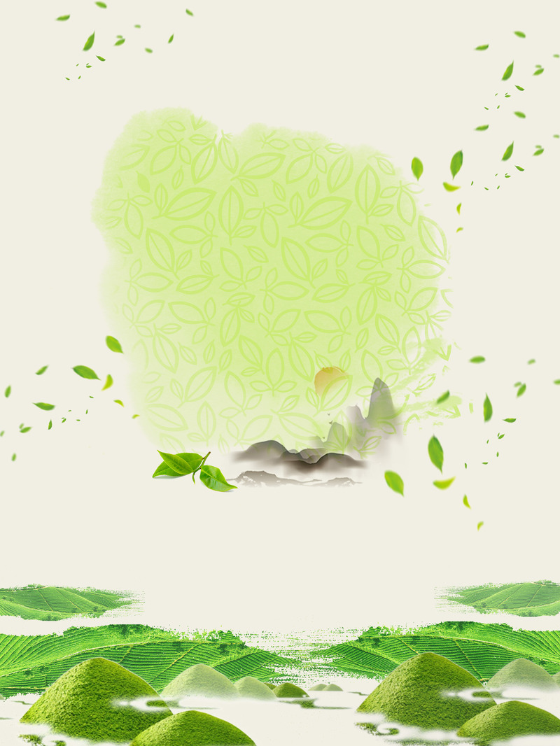 简约手绘水墨茶山风景，高清JPG/PSD设计素材，树叶背景素材下载