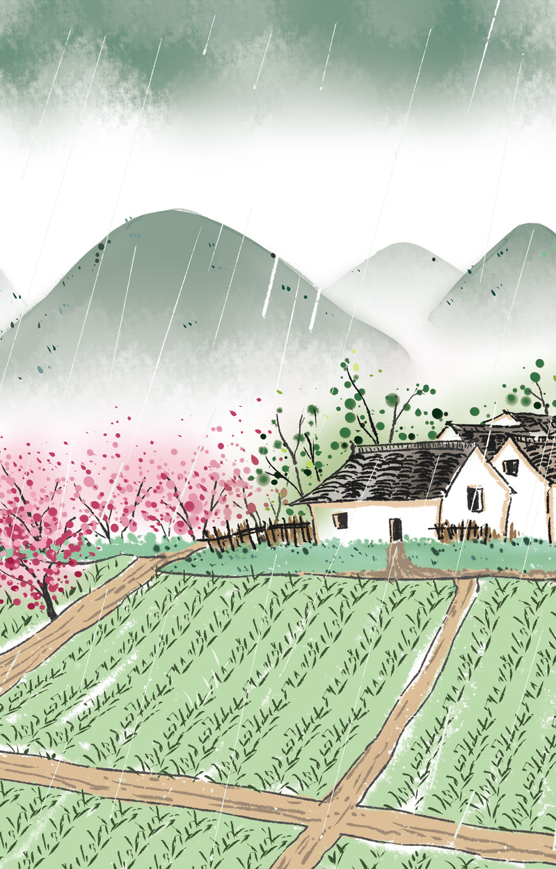 绝美田园风光，山脉房屋背景高清JPG/PSD素材，免费下载