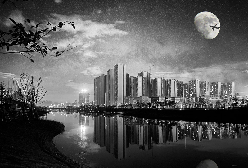 城市夜景高清JPG摄影，黑白风景图片素材下载