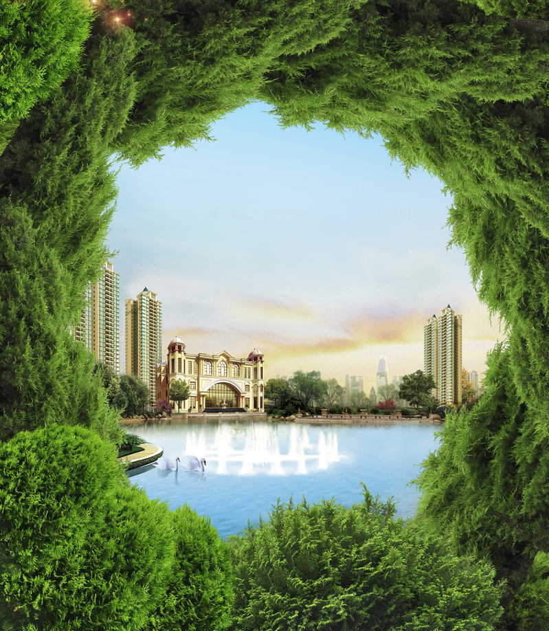 高清绿树环绕风景JPG/PSD素材，下载尽享设计之美