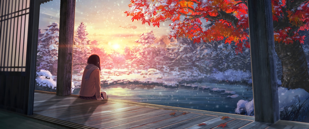 冬日夕阳晚霞美景，女孩倩影映外廊，高清4K动漫壁纸3440x1440免费下载
