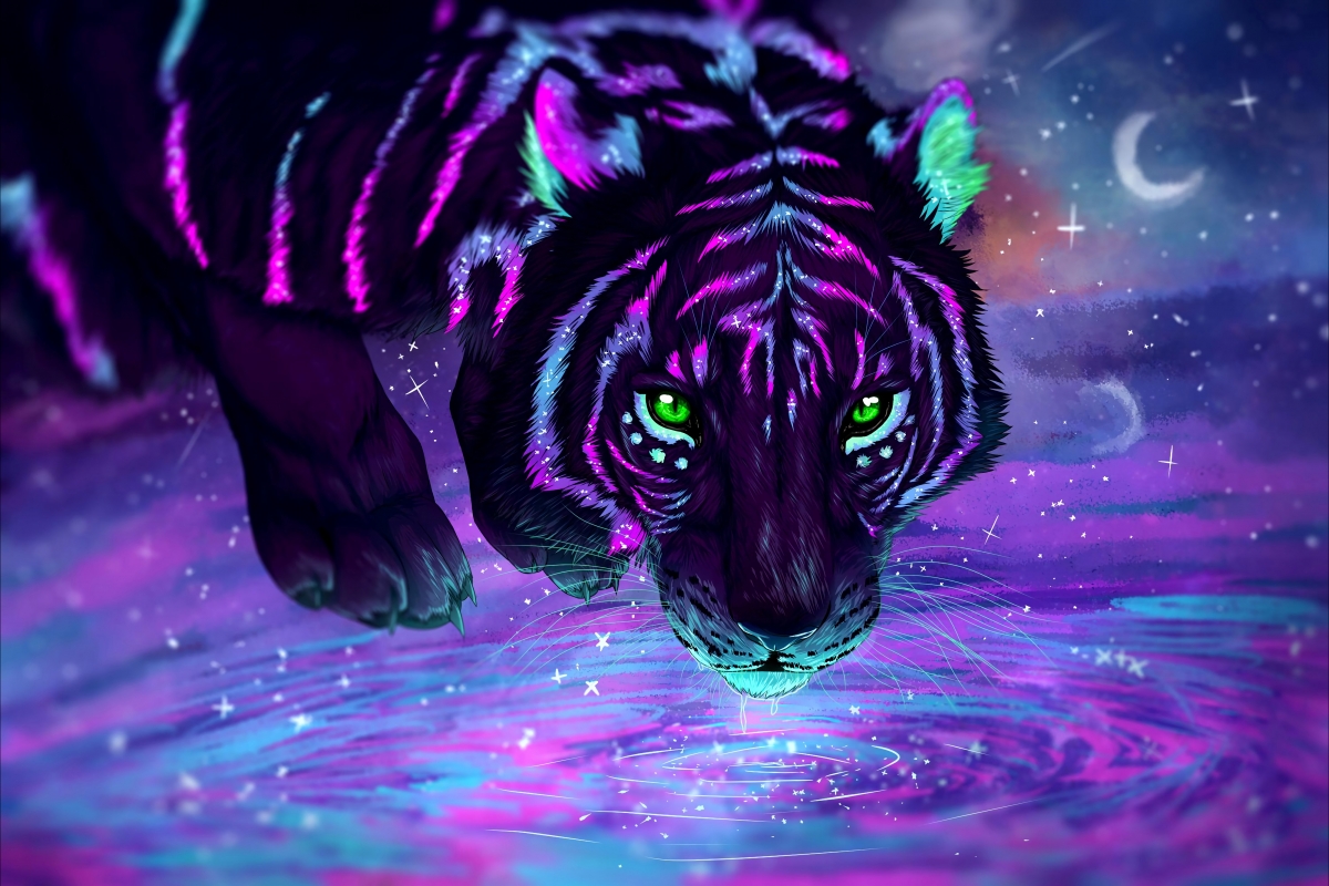 梦幻霓虹绿眼老虎，饮水瞬间4K壁纸，超清动物图片，4000x2668高清下载