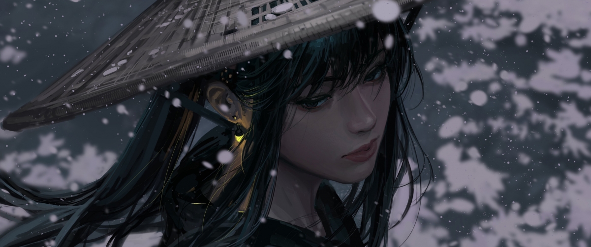 斗笠佳人黑白厚涂，绝美4K带鱼屏壁纸，3440x1440高清动漫图片下载
