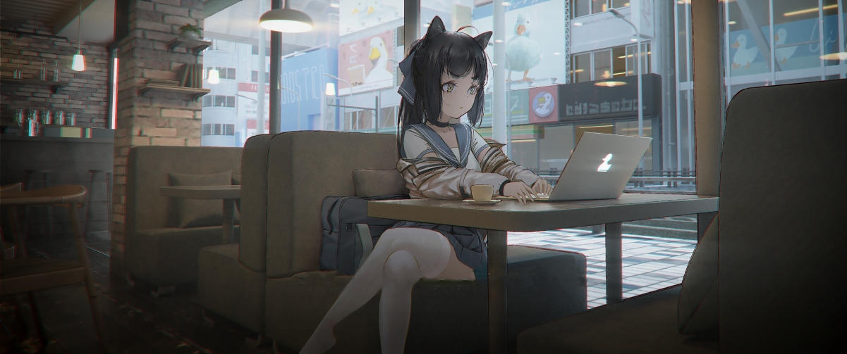 二次元动漫壁纸，少女猫耳兽耳、白丝袜长筒袜，带鱼屏4K高清壁纸下载