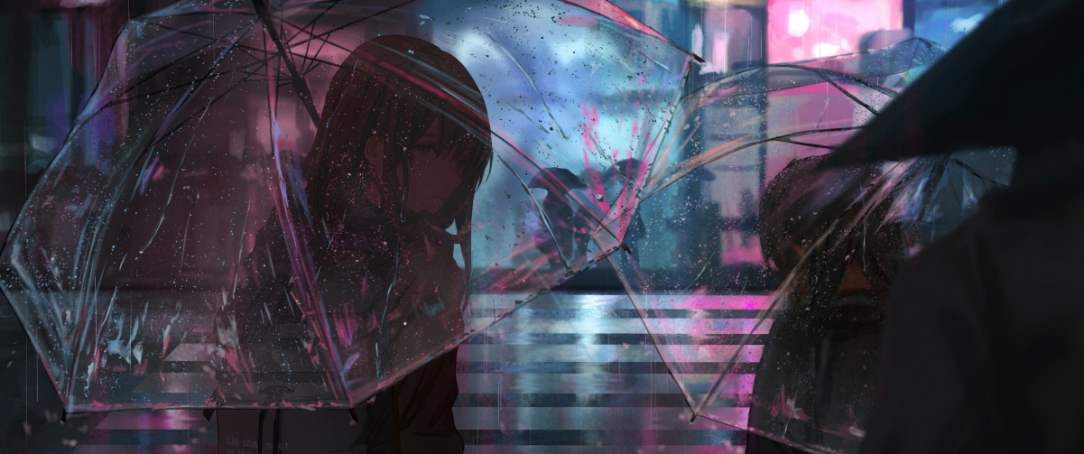 雨天伞下女孩动漫美景，超高清4K带鱼屏壁纸，3440x1440分辨率畅享下载