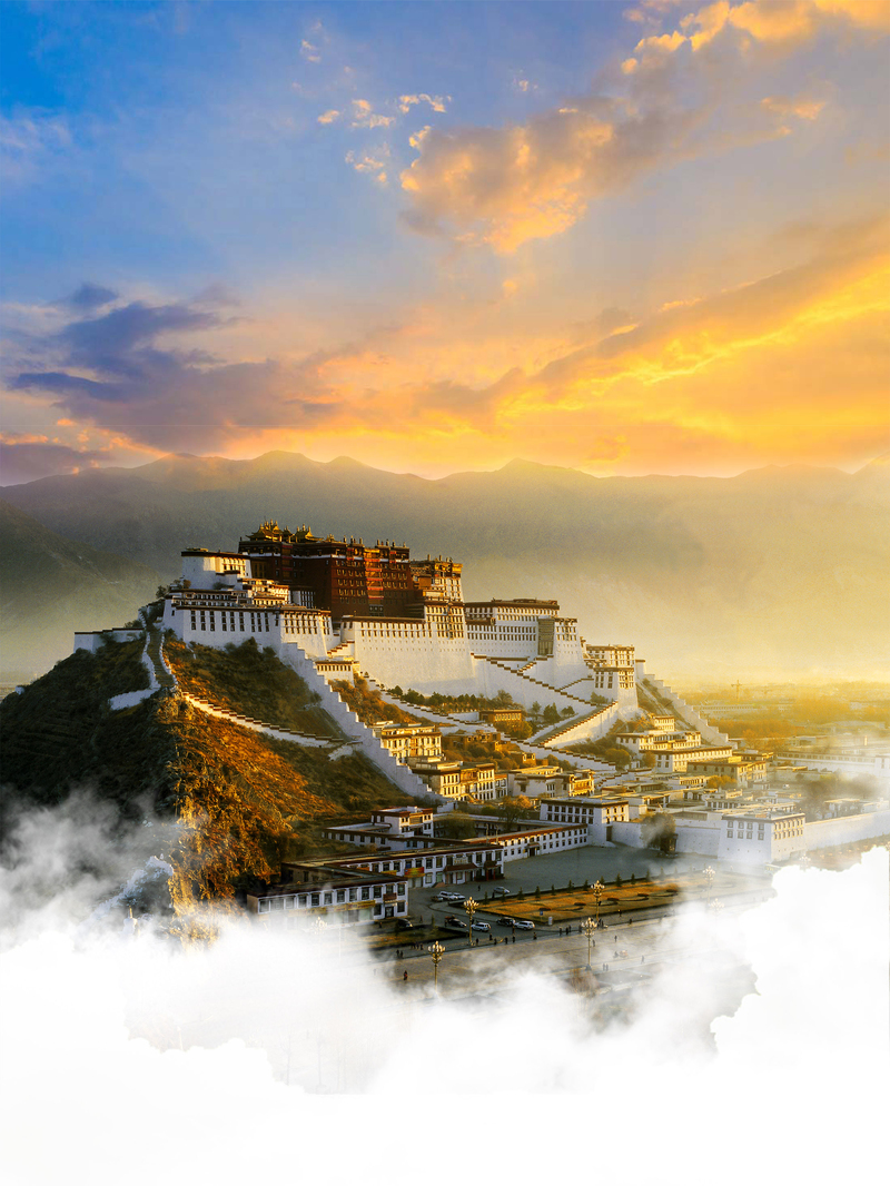 西藏黄昏宫殿美景，蓝天白云背景高清JPG/PSD素材下载