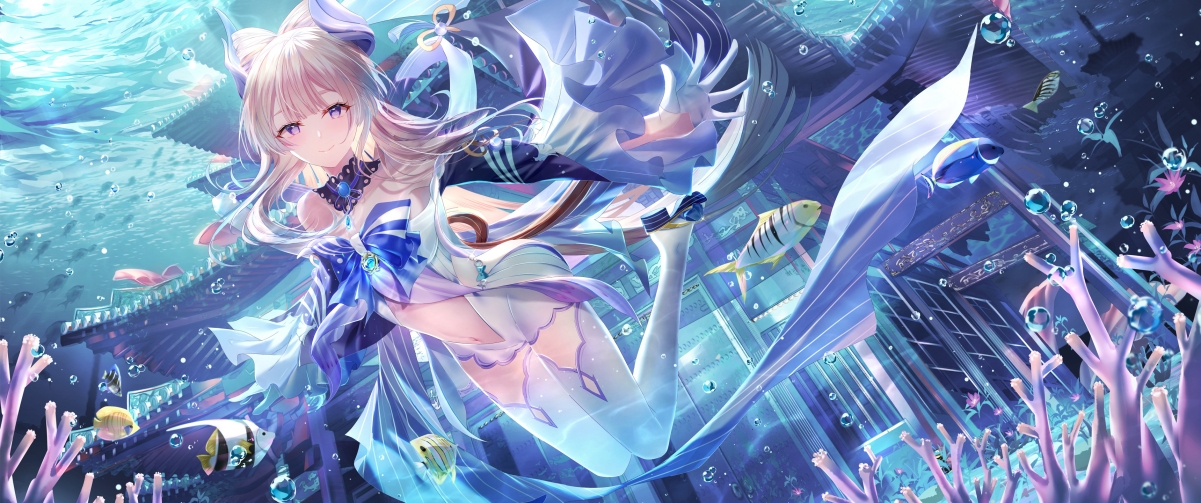 原神珊瑚宫心海绝美壁纸，水下4K高清动漫风格，带鱼屏专属3440x1440，一键下载！
