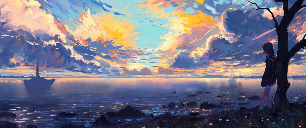 海边景致，船与树影下的女孩，唯美4K动漫壁纸，高清3440x1440带鱼屏下载