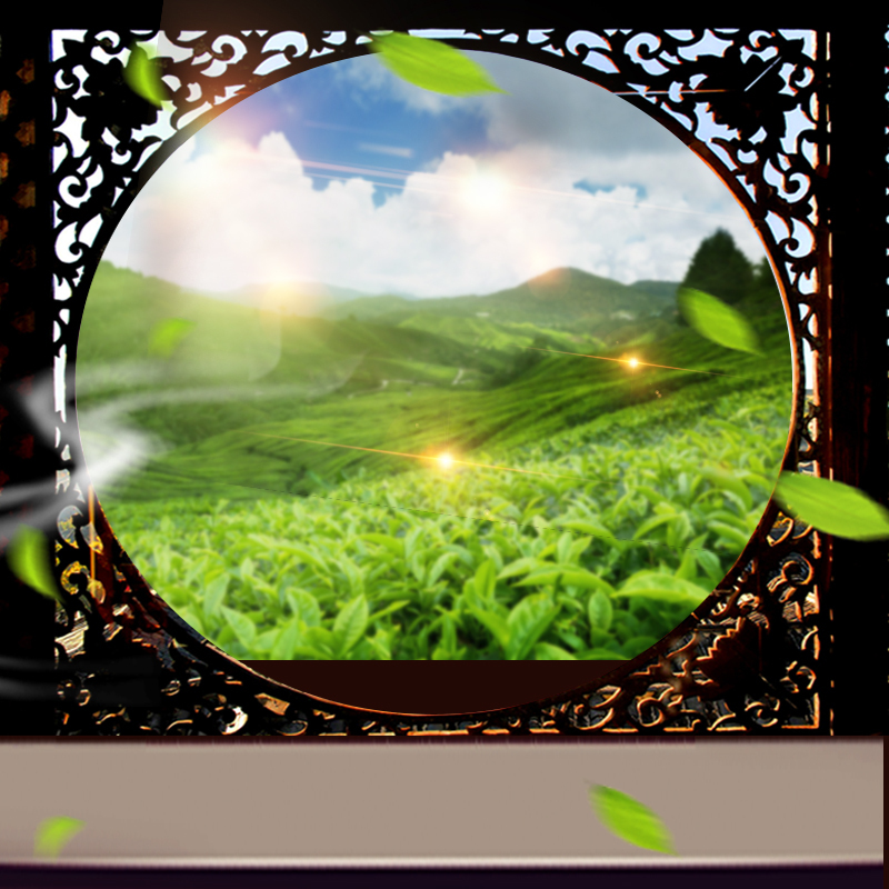 绿色茶园美景PSD分层背景，木窗茶叶高清JPG素材，风景设计资源下载