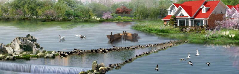 湖畔田园美景摄影，高清JPG/PSD设计素材，一键下载