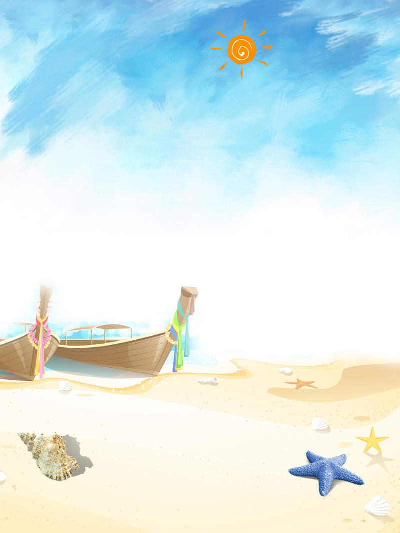 夏日海滩美景，蓝天白云手绘彩图，高清JPG/PSD设计素材下载