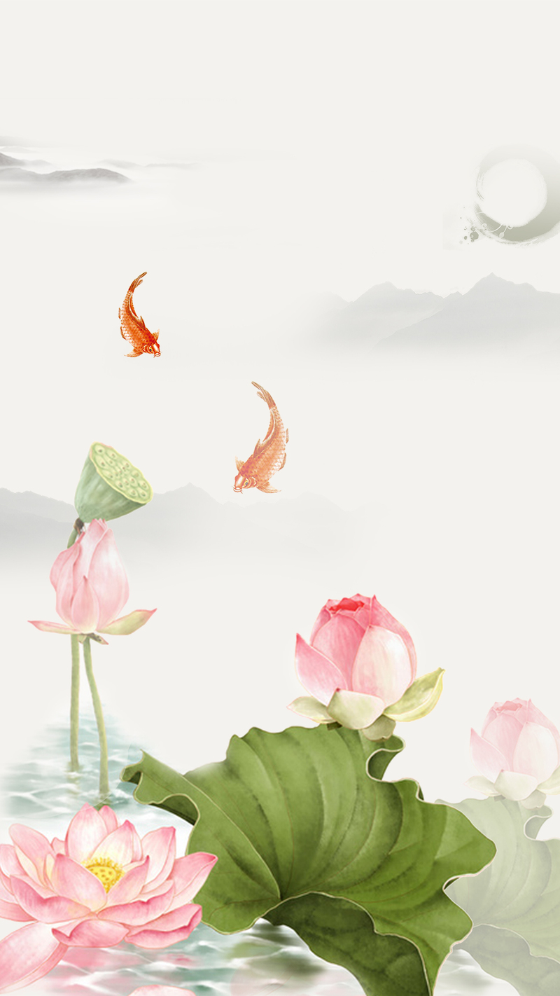 复古中国风手绘荷花PSD分层背景素材，高清JPG图片，免费下载中国风设计元素