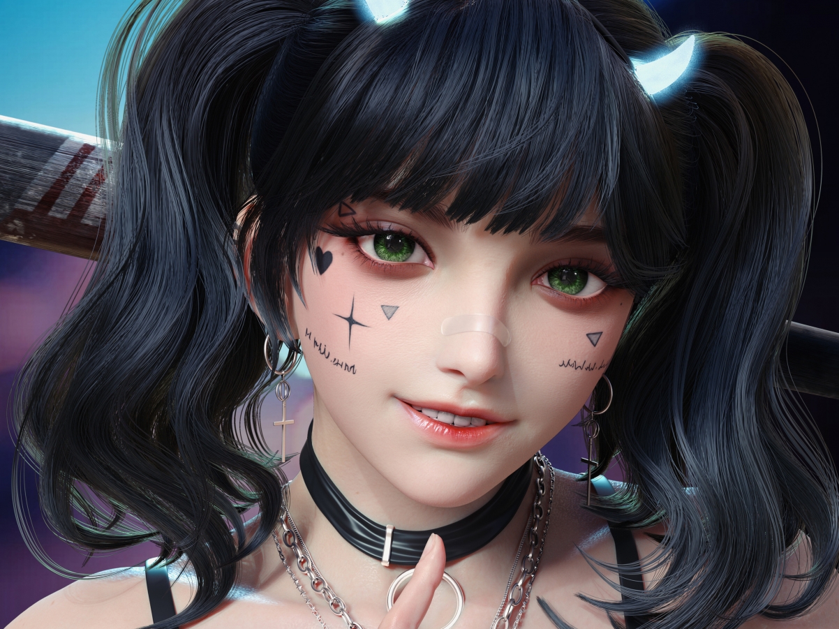 可爱马尾辫女孩，绿眸闪耀，iPad 3D高清壁纸，2732x2048超清下载