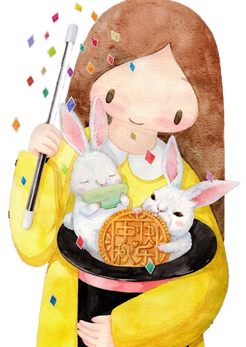 中秋手绘卡通女孩PNG素材，快乐元素高清透明图片，节日设计必备