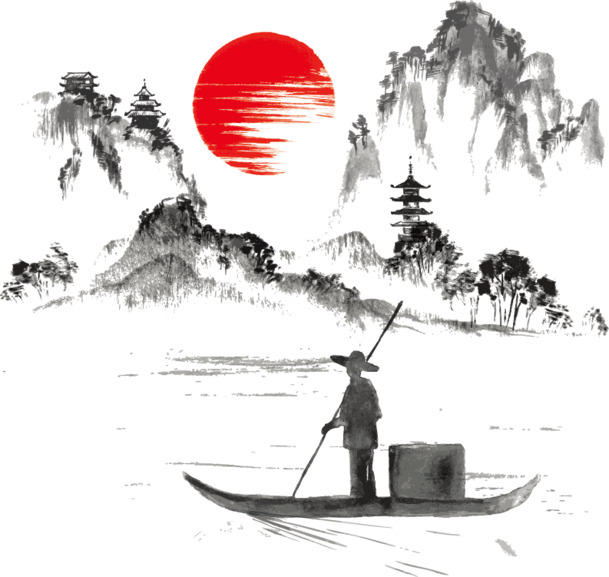 中国风水墨山水画PNG透明素材，高清AI格式，下载即用