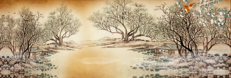 桃花源山水画背景banner，复古中国风JPG高清素材下载